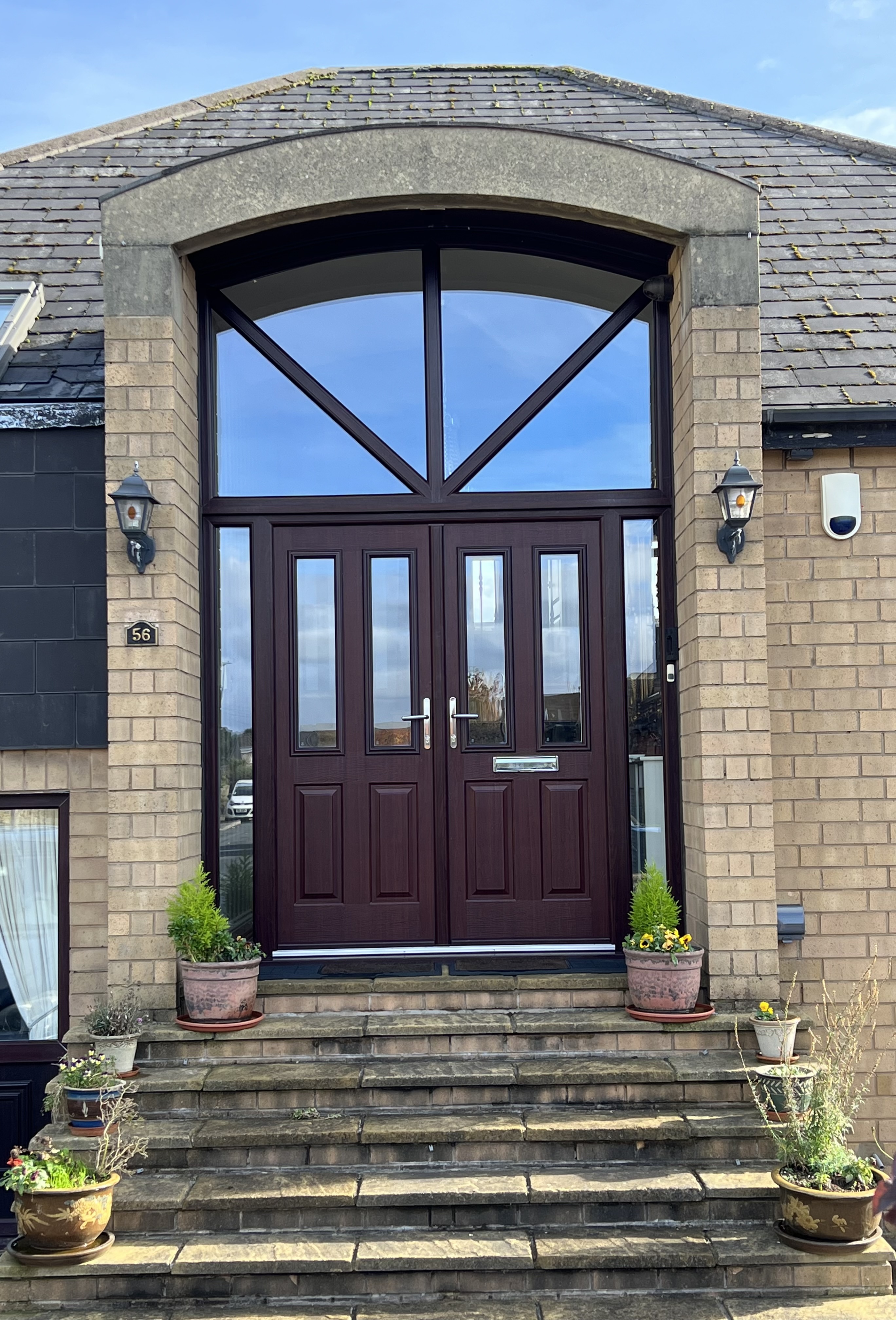 Ludlow composite French doors in Rosewood with integrated top and side lights